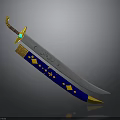 Decorative Sword with Blue Gold Accents Gemstone Hilt and Inscribed Blade Design