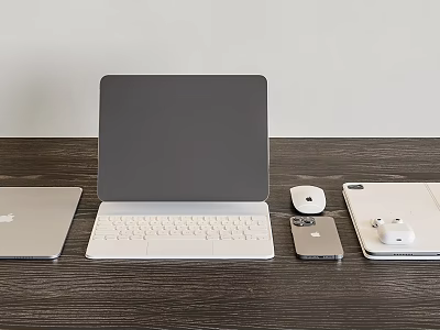 Modern Computer Workspace With Laptop Tablet Keyboard Mouse Smartphone And Wireless Earbuds 3d model