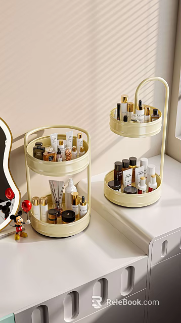Two Tier Beige Cosmetic Organizer With Skincare Products And Makeup Jars 3d model 