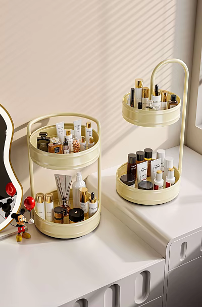 Two Tier Beige Cosmetic Organizer With Skincare Products And Makeup Jars 3d model