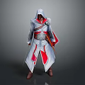 White And Red Hooded Character In Outfit With Sword And Falcon Companion