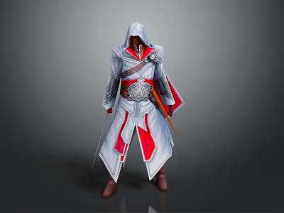 White And Red Hooded Character In Outfit With Sword And Falcon Companion 3d model