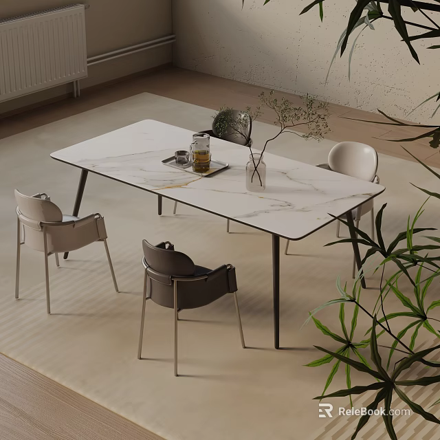 Modern Dining Table Set With Rectangular Marble Top Four Grey White Chairs And Green Plants 3d model 