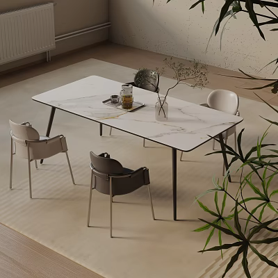Modern Dining Table Set With Rectangular Marble Top Four Grey White Chairs And Green Plants 3d model