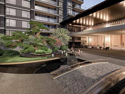 Residential Landscape Courtyard With High Rise Building Pine Tree Water Feature And Stone Bridge 3d model