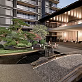 Residential Landscape Courtyard With High Rise Building Pine Tree Water Feature And Stone Bridge