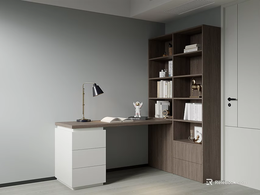 Modern Wooden Bookcase With Desk Lamp Books And Decorative Items In Home Office 3d model 