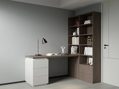 Modern Wooden Bookcase With Desk Lamp Books And Decorative Items In Home Office 3d model