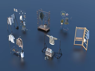 Stylish Clothes Display With Metal Racks Wooden Stands And Hanging Garments 3d model