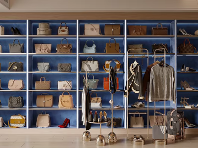Modern Store Display of Stylish Bags with Blue Shelves Various Styles Racks Clothes and Shoes 3d model