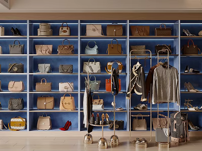 Modern Store Display of Stylish Bags with Blue Shelves Various Styles Racks Clothes and Shoes 3d model