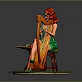 Red Haired Woman Statue In Green Dress Playing Harp On Stool With Table Apple And Book