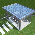 Outdoor Pavilion With Metal Frame Glass Roof In Grass Lawn With Trees Fence Table Chairs