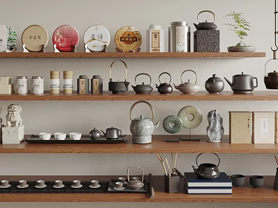 Chinese Traditional Tea Sets Display on Wooden Shelves with Teapots Cups Jars and Decorative Plants 3d model