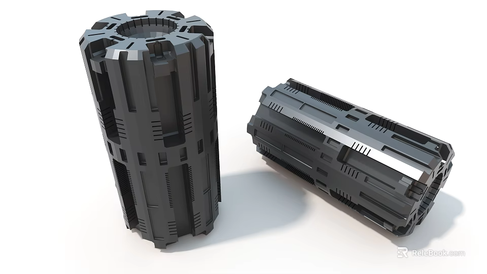 Black Geometric Mechanical Art Installation With Cylindrical And Sculptural Industrial Design Elements 3d model 