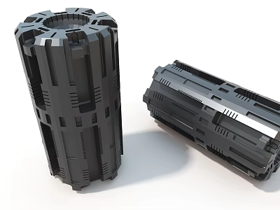 Black Geometric Mechanical Art Installation With Cylindrical And Sculptural Industrial Design Elements 3d model