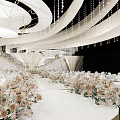 Luxurious Banquet Hall Interior With Crystal Chandeliers White Tables And Flower Arrangements