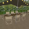 Garden Landscape With Outdoor Canopies Chairs Tables Trees And Potted Plants On Sandy Ground