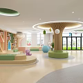 Modern Kindergarten Interior with Round Green Ceiling Wooden Column Colorful Seats and Bookshelves