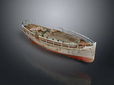 Old Wooden Boat With Weathered Surface Rustic Railings Red Bottom Vintage Design 3d model