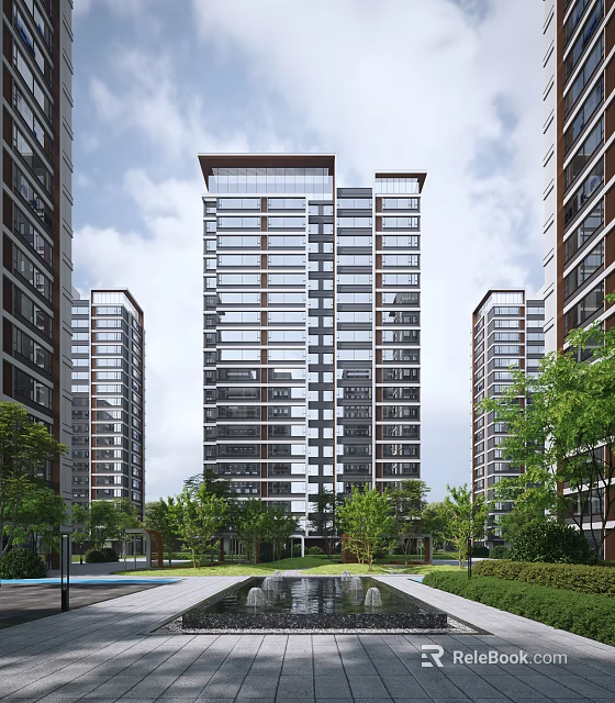 Modern High Rise Residential Building Exterior With Glass Curtain Walls Balconies And Green Lawn Trees 3d model 