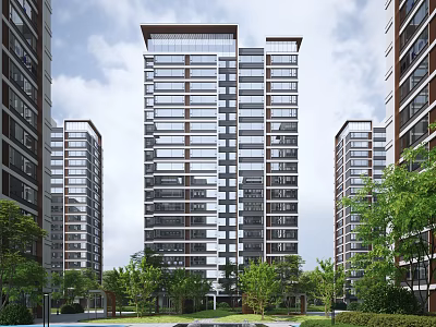 Modern High Rise Residential Building Exterior With Glass Curtain Walls Balconies And Green Lawn Trees 3d model