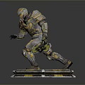 Humanoid Warrior Character in Gold and Silver Armor Holding Weapon Standing on Hexagonal Platform 3d model