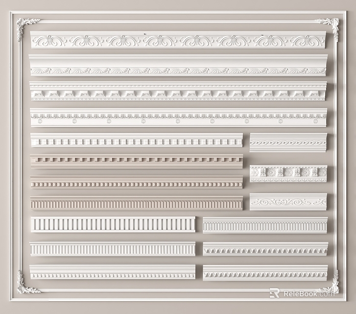 Diverse Decorative Plaster Cornice Styles with Intricate Patterns for Interior Design 3d model 