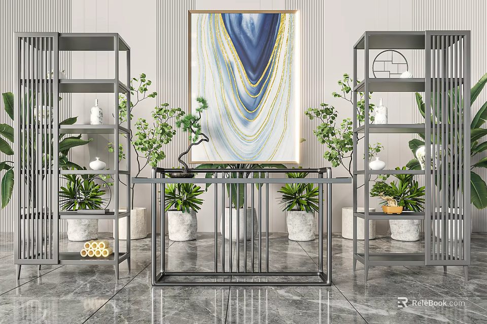 Modern Interior With Potted Bonsai Plants On Metal Shelves And Abstract Painting 3d model 