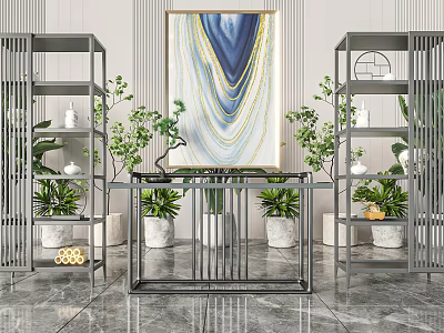 Modern Interior With Potted Bonsai Plants On Metal Shelves And Abstract Painting 3d model