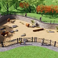 Park Landscape Featuring Fenced Bear Enclosure With Sandy Area Trees And Visitors Walking Nearby