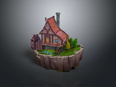 Scenic Floating Island Landscape Featuring Wooden House Red Roof Windmill And Green Trees 3d model