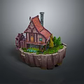 Scenic Floating Island Landscape Featuring Wooden House Red Roof Windmill And Green Trees