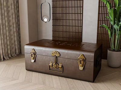 Brown Leather Trunk With Brass Hardware In Modern Interior Decor With Potted Plant And Hanging Lamp 3d model