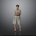 Woman Holding Phone In Light Colored Dress With Belt And Red High Heels Gray Background