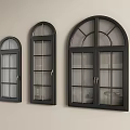 Black Arched Casement Windows With Grid Panes And Metal Handles Three Sizes On Light Wall