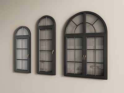Black Arched Casement Windows With Grid Panes And Metal Handles Three Sizes On Light Wall 3d model
