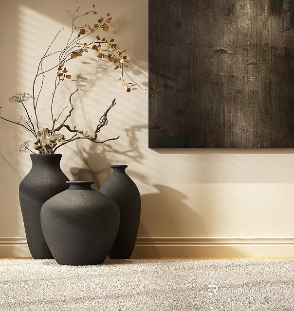 Three Black Ceramic Vases With Decorative Branches Against Light Wall And Dark Painting 3d model 