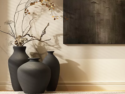 Three Black Ceramic Vases With Decorative Branches Against Light Wall And Dark Painting 3d model