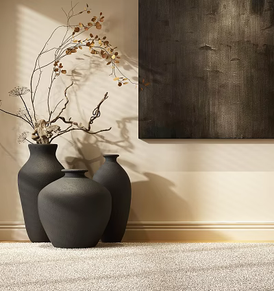 Three Black Ceramic Vases With Decorative Branches Against Light Wall And Dark Painting 3d model