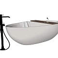 Sleek Modern Freestanding White Bathtub with Black Faucet and Wooden Edge