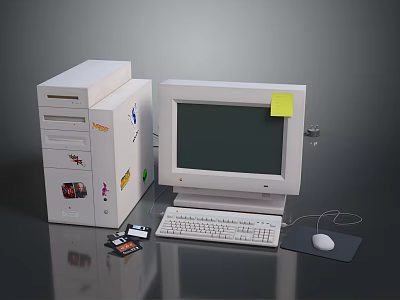 Vintage Computer System With Tower Case CRT Monitor Keyboard Mouse And Stickers 3d model