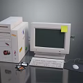 Vintage Computer System With Tower Case CRT Monitor Keyboard Mouse And Stickers