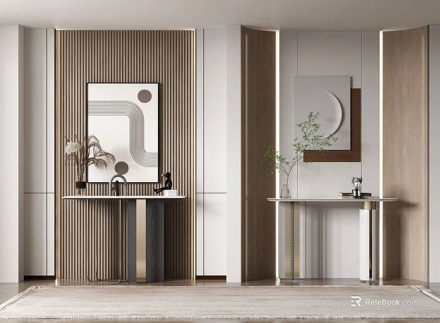 Modern Console Table Interior With Artwork Potted Plant And Wooden Slat Design 3d model 