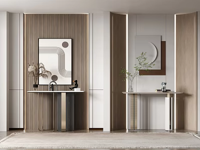 Modern Console Table Interior With Artwork Potted Plant And Wooden Slat Design 3d model