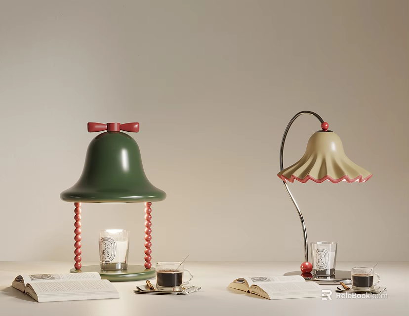 Green Bell Lamp With Red Bow And Beige Curved Lamp With Open Book Glass Saucer 3d model 