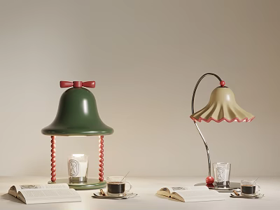 Green Bell Lamp With Red Bow And Beige Curved Lamp With Open Book Glass Saucer 3d model