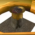 Stone Pedestal With Brass Bowl Filled With Black Charcoal Pieces And Ornate Gold Carvings On Base