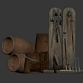 Vintage Agricultural Equipment with Wooden Tool Rack Hanging Tools Clay Pots and Crate