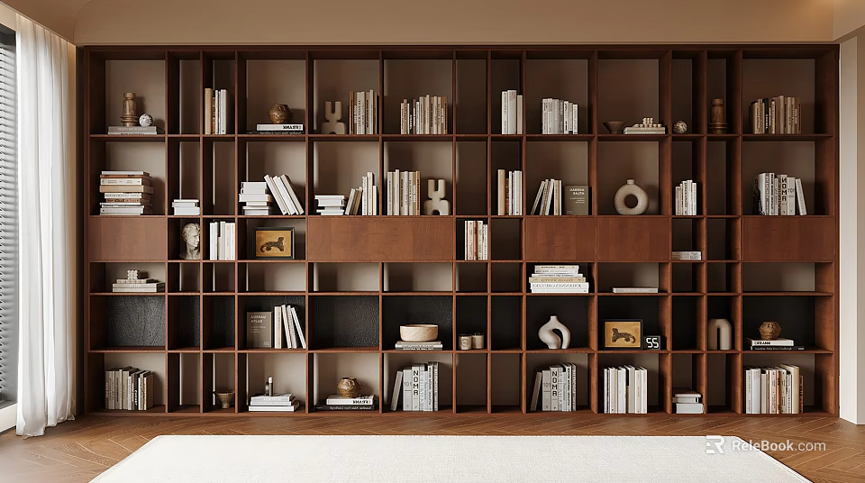 Stylish Wooden Bookcase Design With Open Shelving Books Decorative Items And Vases 3d model 